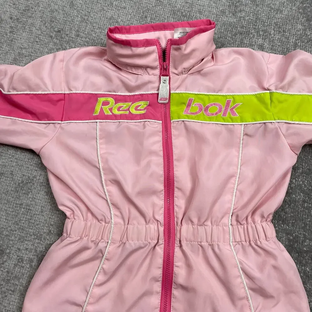 Reebok Toddler Girls Windbreaker Jacket 4T Pink Green Hooded Full Zip Retro y2k